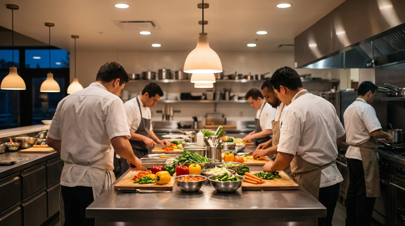 Modern professzionális konyha, séfek friss zöldségekkel