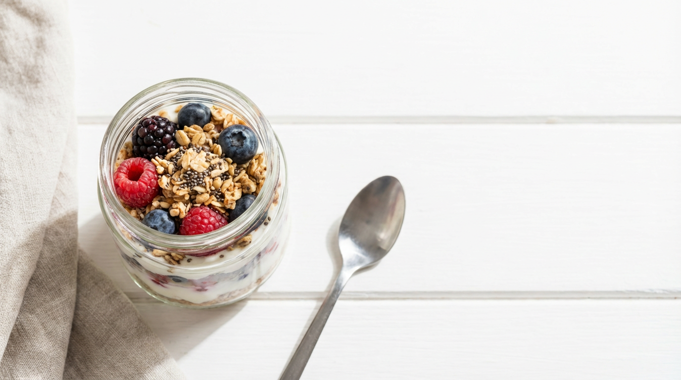 Joghurtos parfé bogyós gyümölcsökkel és granolával