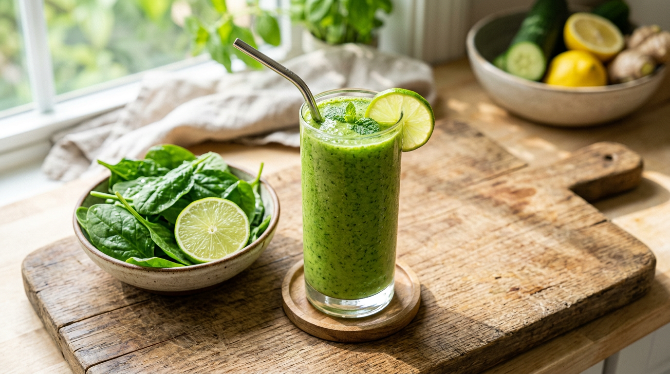 Zöld smoothie friss gyümölccsel és spenóttal