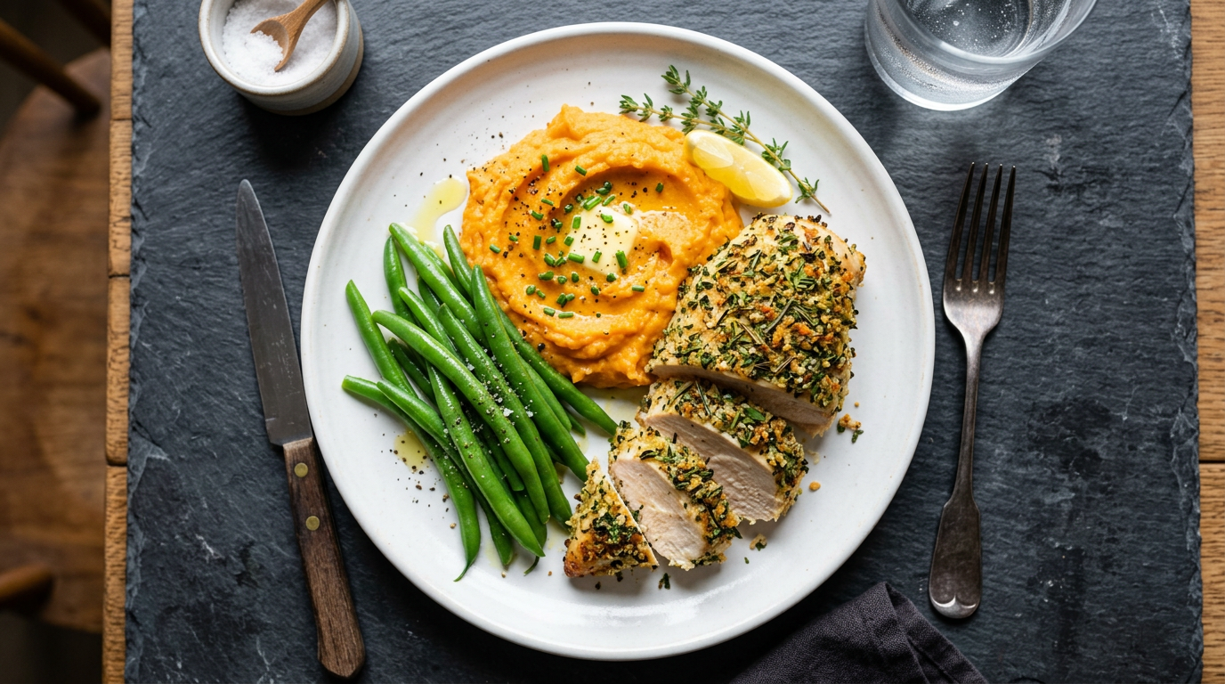 Sült csirkemell zöldségkörettel, tányéron