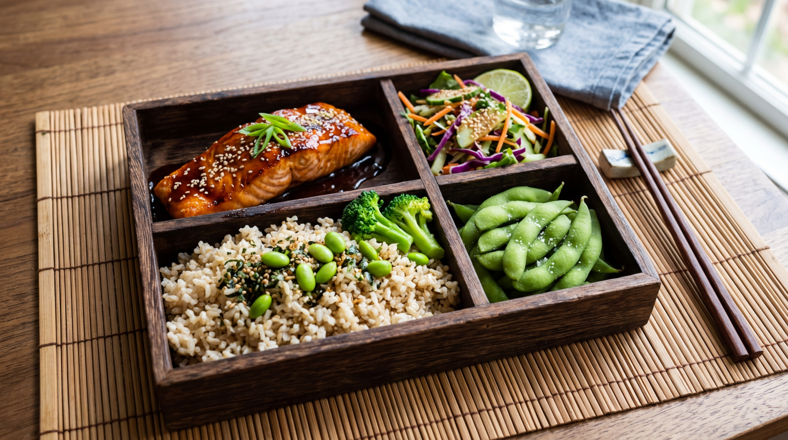 Lazacos bento stílusú ebéd rizzsel és zöldségekkel