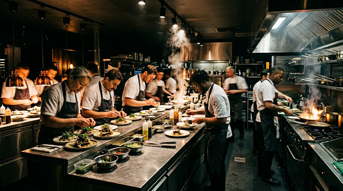 Professzionális konyha, séfek tálalnak